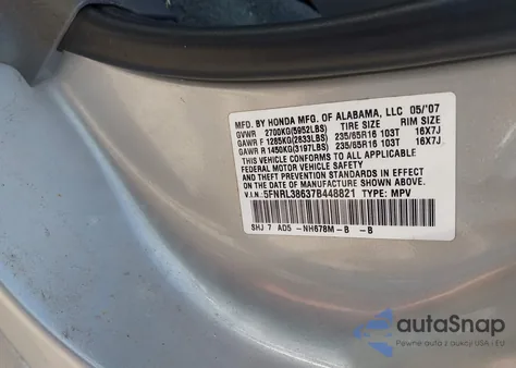 2007 Honda Odyssey Ex-L z USA, uszkodzony, nr VIN 5FNRL38637B448821